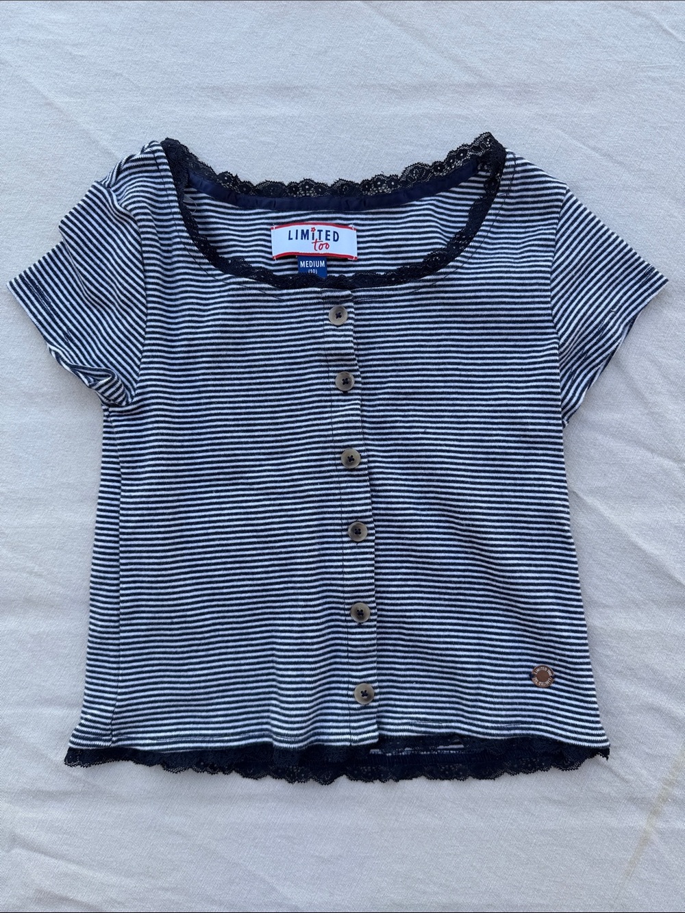 Limited Too Navy & White Striped Lace-Trim Button Front Top